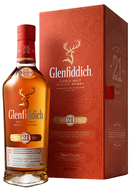 flaska innehållande Glenfiddich reserva rum cask finish 21 Yo