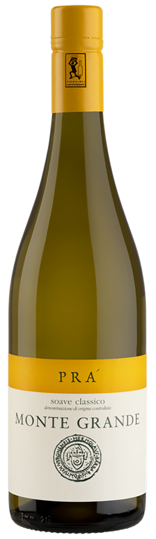 en flaska soave som är lite gul på etiketten